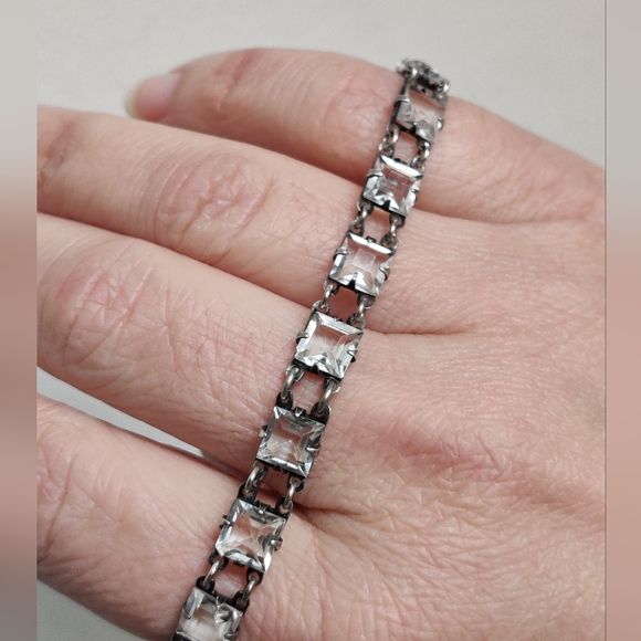 Antique True Art Deco Square Cut Crystal Bracelet Sterling Silver - Picture 12 of 15